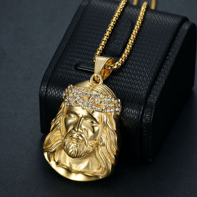 Christianartworkshop Jesus Head Pendant Necklace with Crown of Thorns and Zircon Accents: A Symbol of Sacrifice and Grace - Golden Zircon Thorn - image 0
