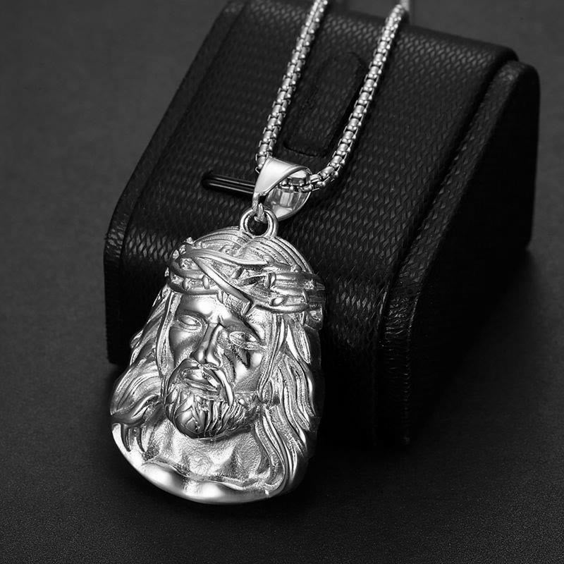 Christianartworkshop Jesus Head Pendant Necklace with Crown of Thorns and Zircon Accents: A Symbol of Sacrifice and Grace - Silver Glossy Thorn - image 3