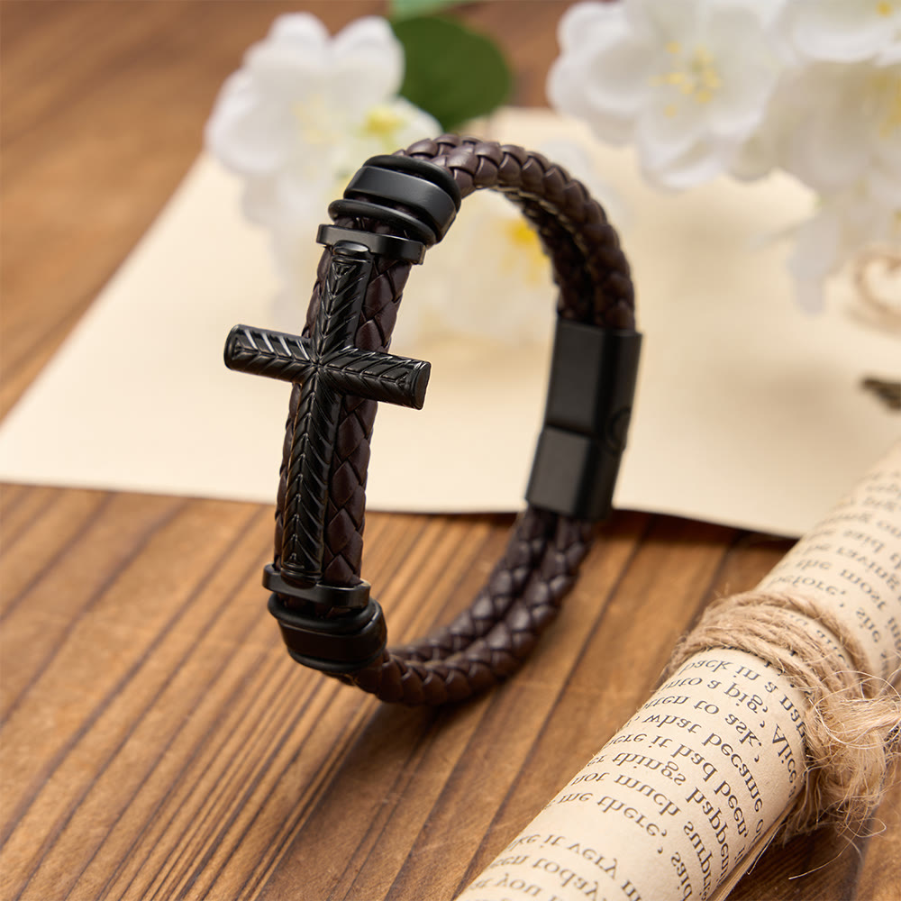 Christianartworkshop 4-Color Braided Leather Cross Bracelet with Embossed Details: A Symbol of Rugged Faith - Brown - image 4