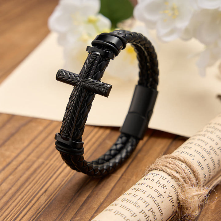 Christianartworkshop 10-Color Braided Leather Cross Bracelet with Embossed Details: A Symbol of Rugged Faith - Black - image 5