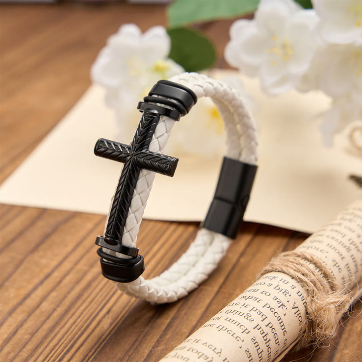 Christianartworkshop 10-Color Braided Leather Cross Bracelet with Embossed Details: A Symbol of Rugged Faith - White - image 8