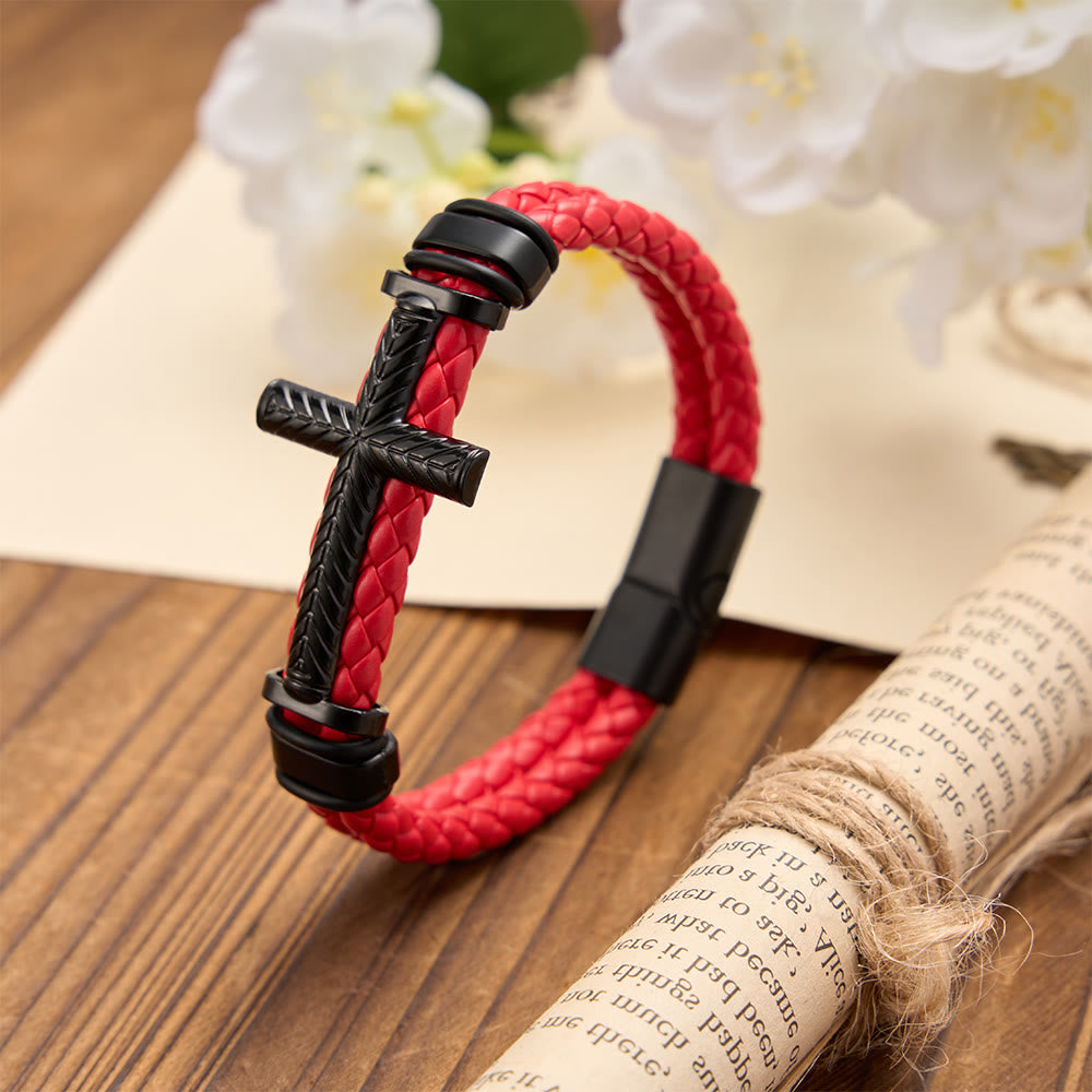 Christianartworkshop 10-Color Braided Leather Cross Bracelet with Embossed Details: A Symbol of Rugged Faith - Red - image 0