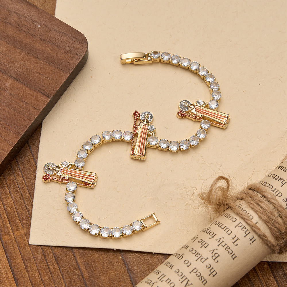 Christianartworkshop Sparkling Zircon Tennis Bracelet with St. Jude, St. Benedict, and Our Lady Motifs: A Reminder of Heavenly Grace - St.Benedict - Pink Robe - image 14
