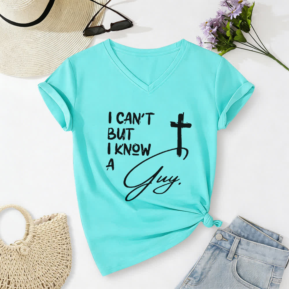 Christianartworkshop I Can't But I Know A Guy Print V-Neck T-shirt - Sky Blue - 2XL - image 14