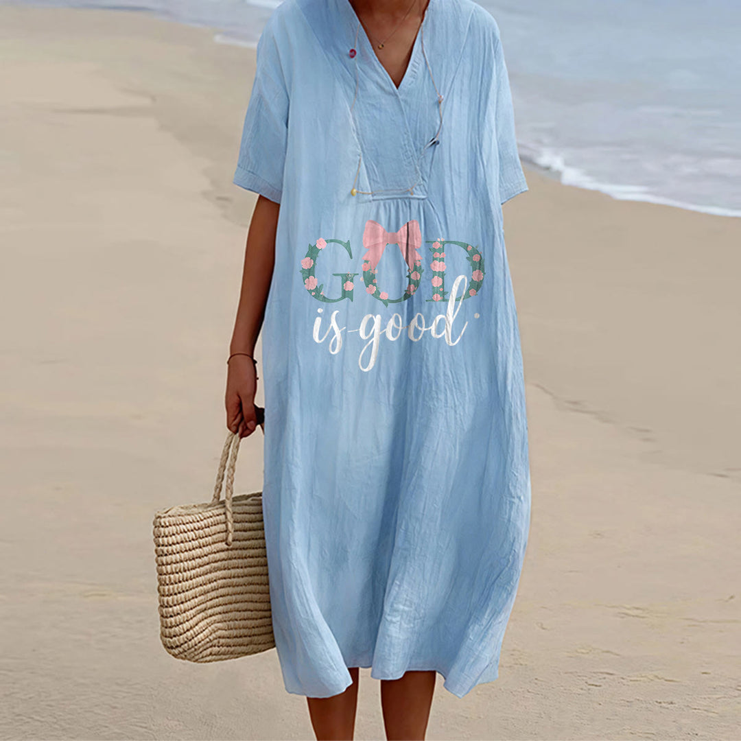 Christianartworkshop God Is Good All The Time Watercolor V-Neck Short Sleeve Midi Dress - Blue - 4XL - image 0