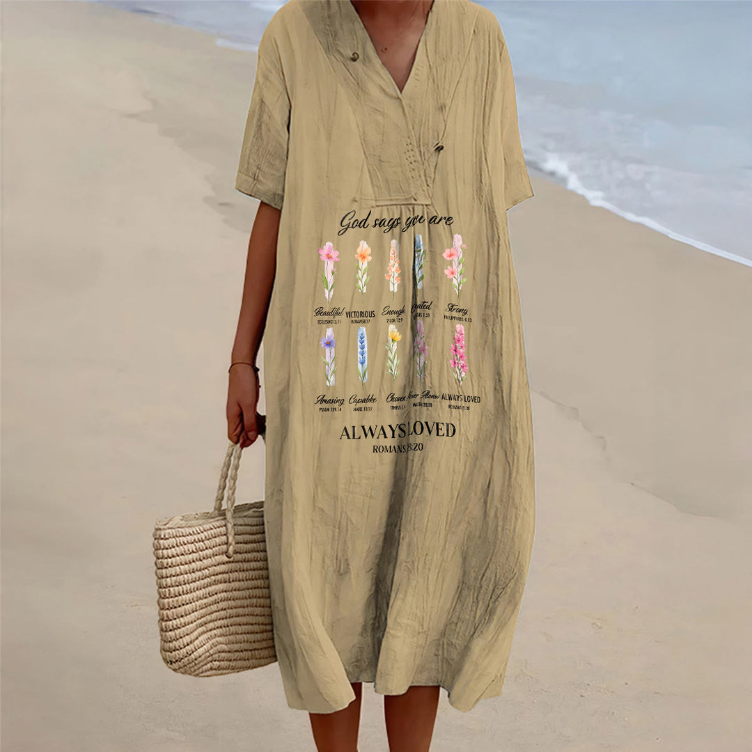 Christianartworkshop God Says You Are Always Loved Floral V-Neck Short Sleeve Midi Dress - Khaki - 4XL - image 4