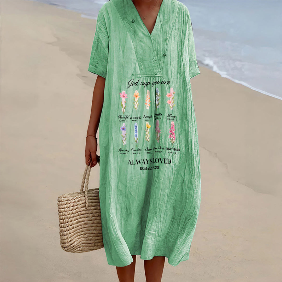 Christianartworkshop God Says You Are Always Loved Floral V-Neck Short Sleeve Midi Dress - Green - 4XL - image 0