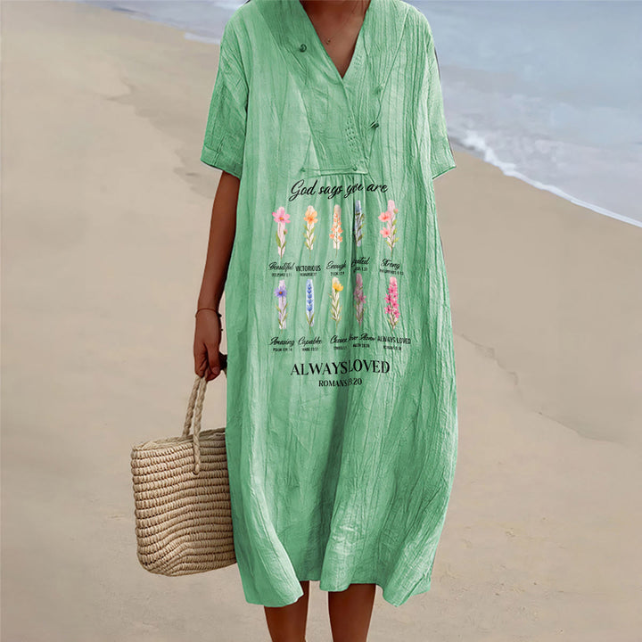 Christianartworkshop God Says You Are Always Loved Floral V-Neck Short Sleeve Midi Dress - Green - 4XL - image 0