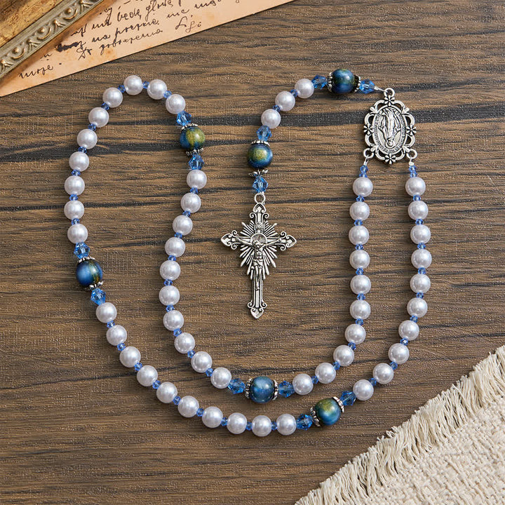 Christianartworkshop Blue-Green Gradient and White Beads Rosary with Our Lady - image 3