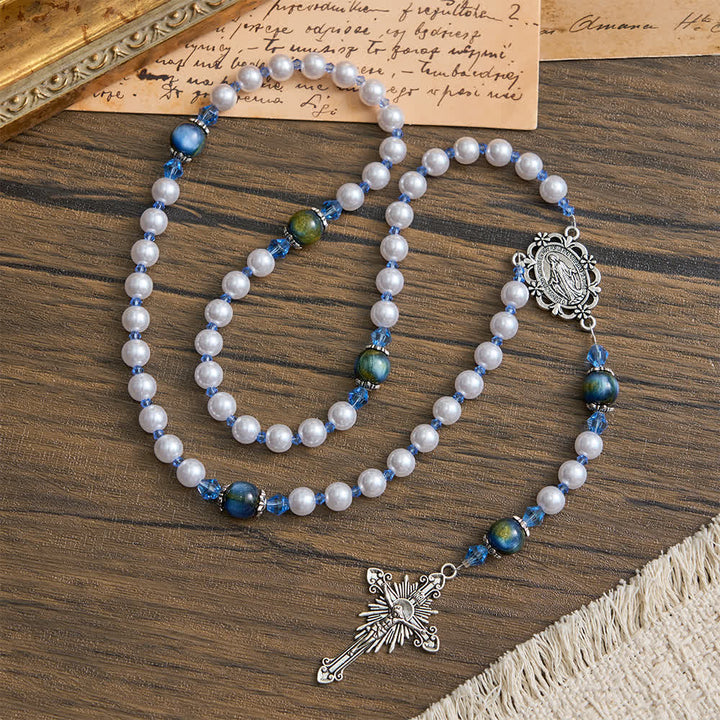 Christianartworkshop Blue-Green Gradient and White Beads Rosary with Our Lady - image 4