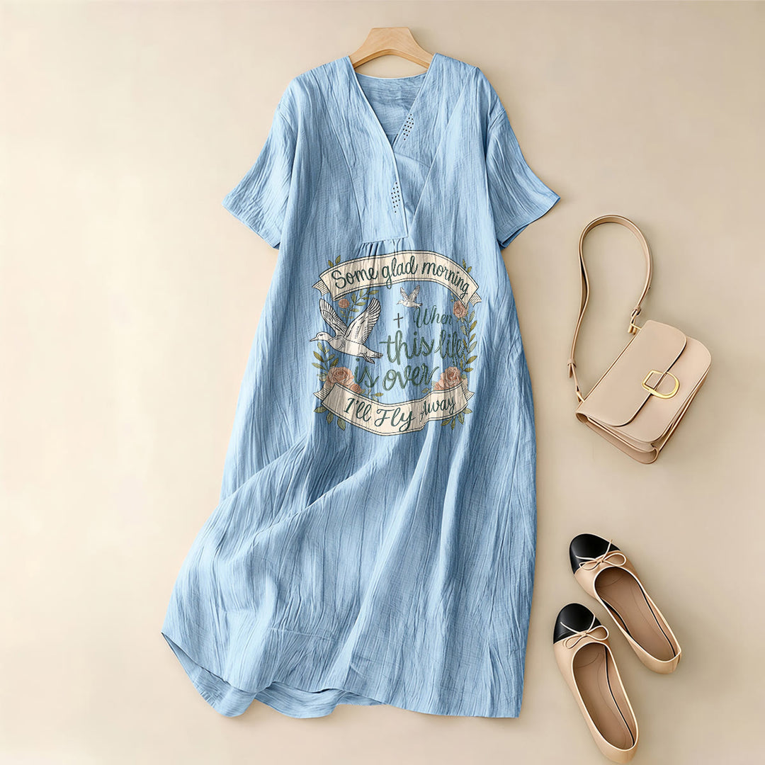 Christianartworkshop Some Glad Morning I'll Fly Away Floral Dove V-Neck Short Sleeve Midi Dress - image 5