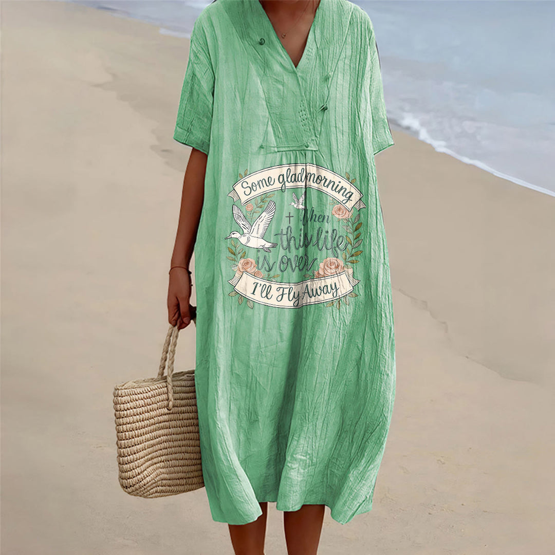 Christianartworkshop Some Glad Morning I'll Fly Away Floral Dove V-Neck Short Sleeve Midi Dress - Green - 4XL - image 2