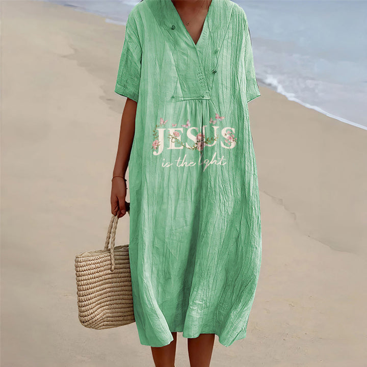 Christianartworkshop Jesus Is The Light Floral Butterfly V-Neck Short Sleeve Midi Dress - Green - 4XL - image 2