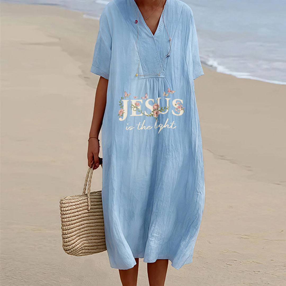 Christianartworkshop Jesus Is The Light Floral Butterfly V-Neck Short Sleeve Midi Dress - Blue - 4XL - image 4