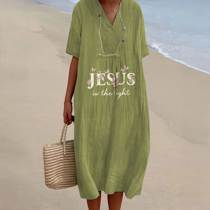 Christianartworkshop Jesus Is The Light Floral Butterfly V-Neck Short Sleeve Midi Dress - image 11