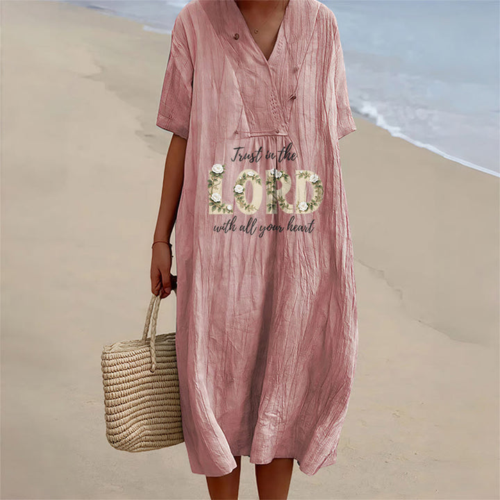 Christianartworkshop Trust In The Lord With All Your Heart Floral V-Neck Short Sleeve Midi Dress - Pink - 4XL - image 0
