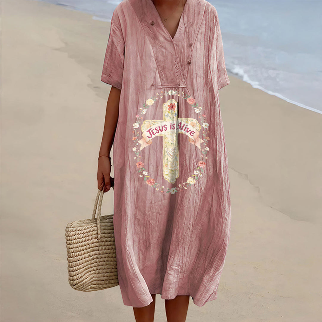 Christianartworkshop Jesus Is Alive Floral Cross V-Neck Short Sleeve Midi Dress - Pink - 4XL - image 6