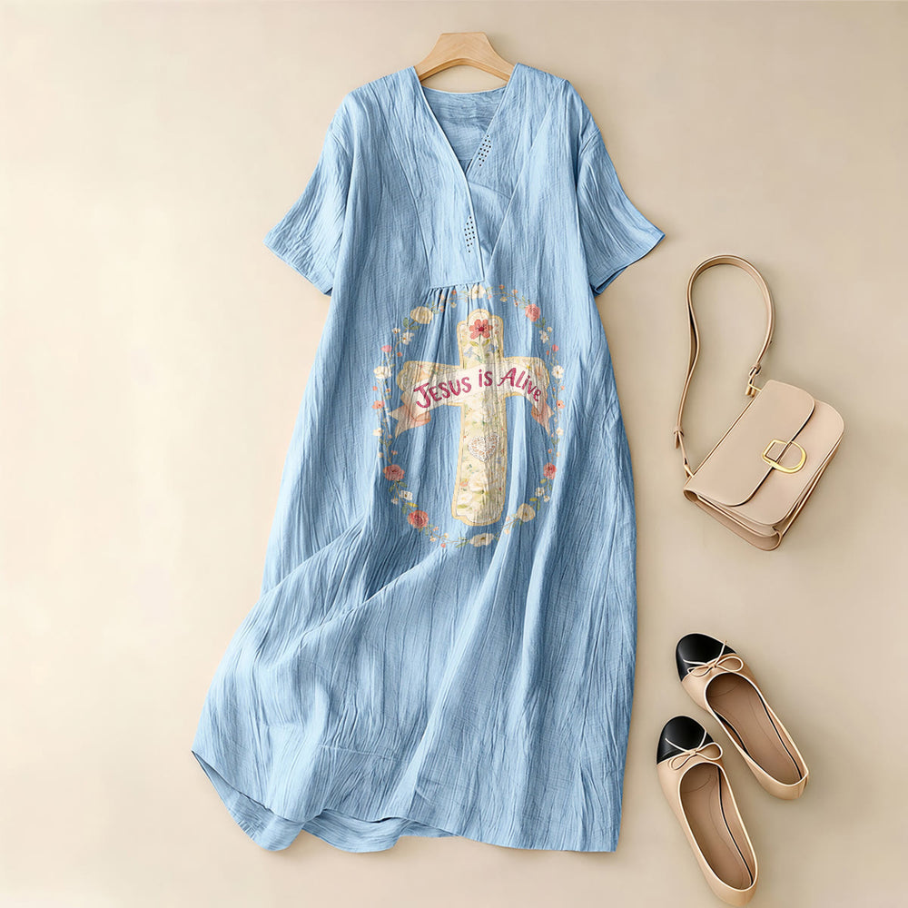 Christianartworkshop Jesus Is Alive Floral Cross V-Neck Short Sleeve Midi Dress - image 1