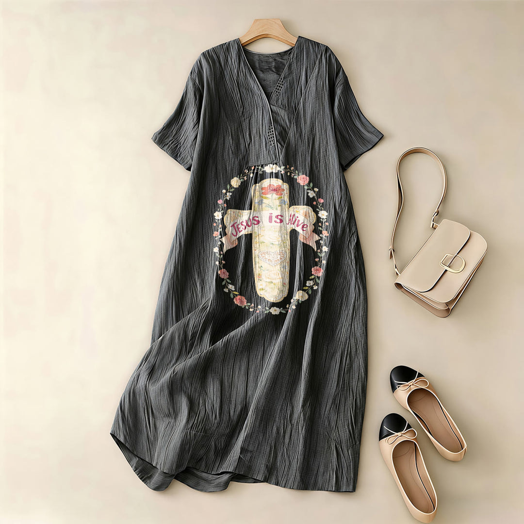 Christianartworkshop Jesus Is Alive Floral Cross V-Neck Short Sleeve Midi Dress - image 9