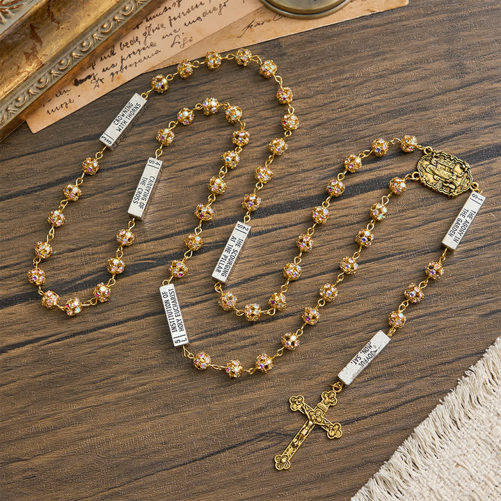Christianartworkshop Golden Rhinestone Six Tablets Rosary with Our Lady of Fatima - image 4