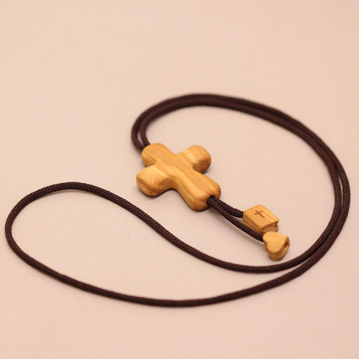 Christianartworkshop Refined Olive Wood Cross Pendant Necklace with Engraved Details: An Emblem of Unwavering Devotion - Olive Wood - image 0
