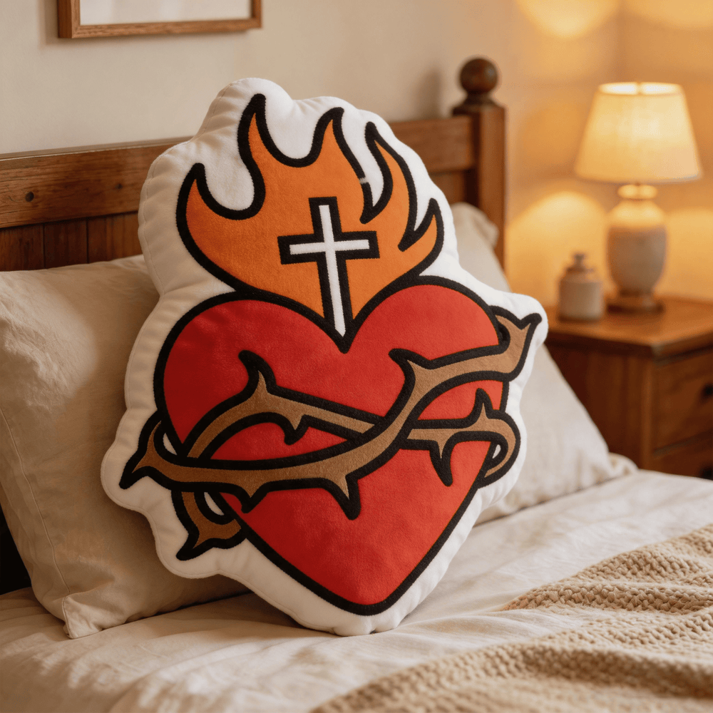 Christianartworkshop Sacred Heart Cross Flame Crown of Thorns Shaped Religious Throw Pillow - image 1