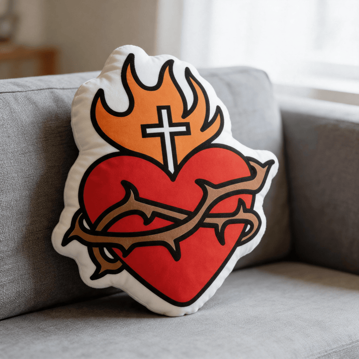 Christianartworkshop Sacred Heart Cross Flame Crown of Thorns Shaped Religious Throw Pillow - image 3