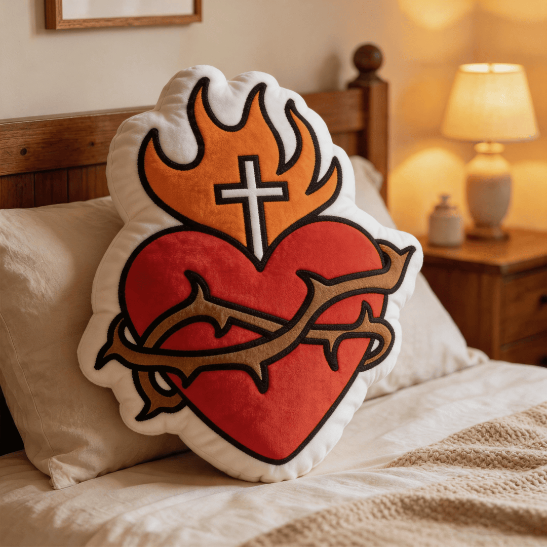 Christianartworkshop Sacred Heart Cross Flame Crown of Thorns Shaped Religious Throw Pillow - image 2