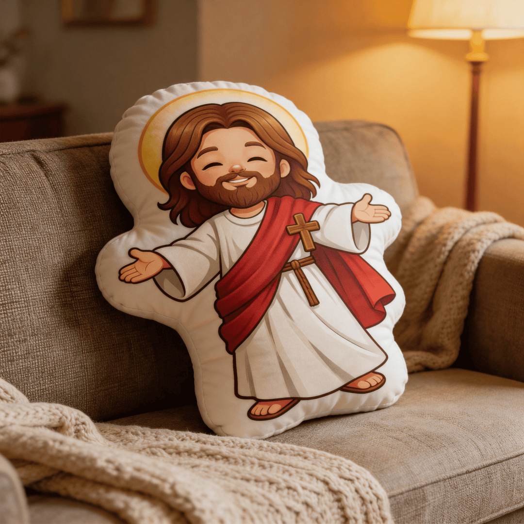 Christianartworkshop Cute Smiling Jesus with Open Arms and Halo Shaped Decorative Pillow - image 5
