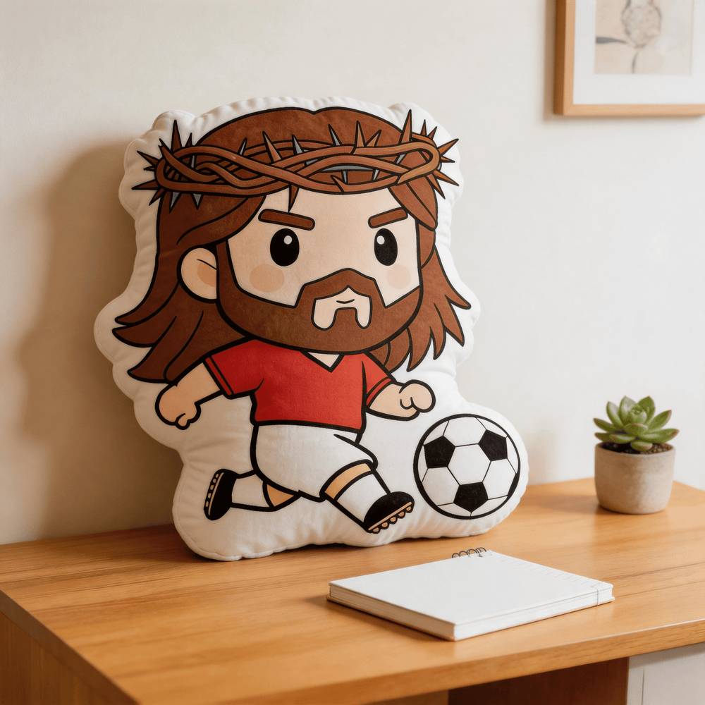Christianartworkshop Cartoon Jesus Playing Soccer with Crown of Thorns Shaped Decorative Pillow - image 1
