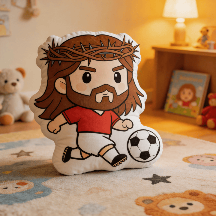 Christianartworkshop Cartoon Jesus Playing Soccer with Crown of Thorns Shaped Decorative Pillow - image 2