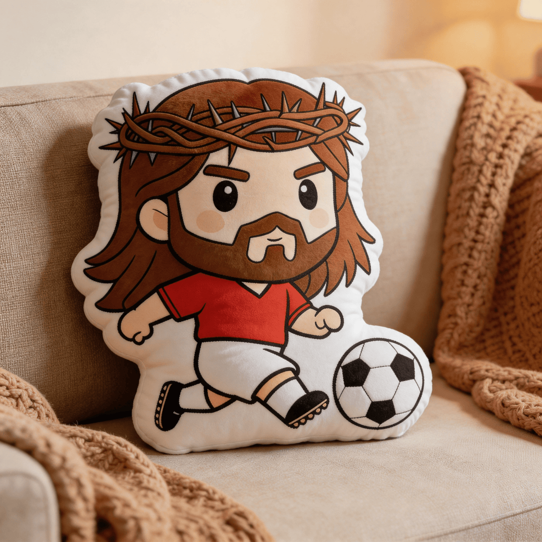 Christianartworkshop Cartoon Jesus Playing Soccer with Crown of Thorns Shaped Decorative Pillow - image 0