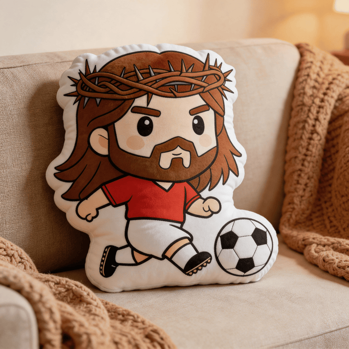 Christianartworkshop Cartoon Jesus Playing Soccer with Crown of Thorns Shaped Decorative Pillow - image 0