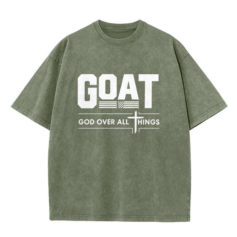 Christianartworkshop GOAT God Over All Things Faith Statement Washed Unisex T-Shirt - Army Green - 5XL - image 1