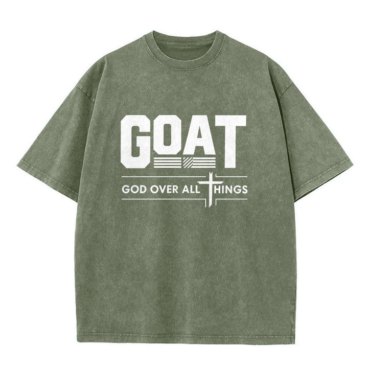 Christianartworkshop GOAT God Over All Things Faith Statement Washed Unisex T-Shirt - Army Green - 5XL - image 1