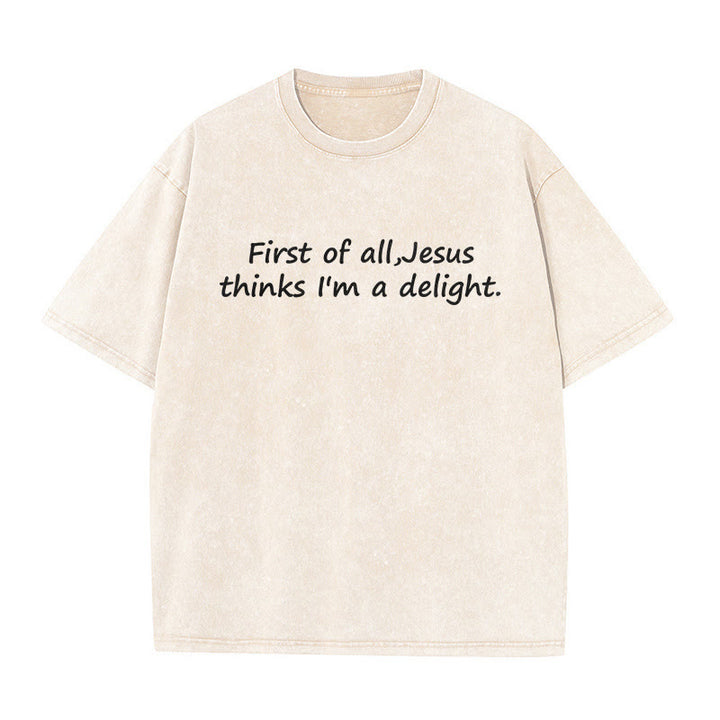 Christianartworkshop "First of All, Jesus Thinks I'm a Delight" Faith Quote Washed Unisex T-Shirt - Beige - 5XL - image 4