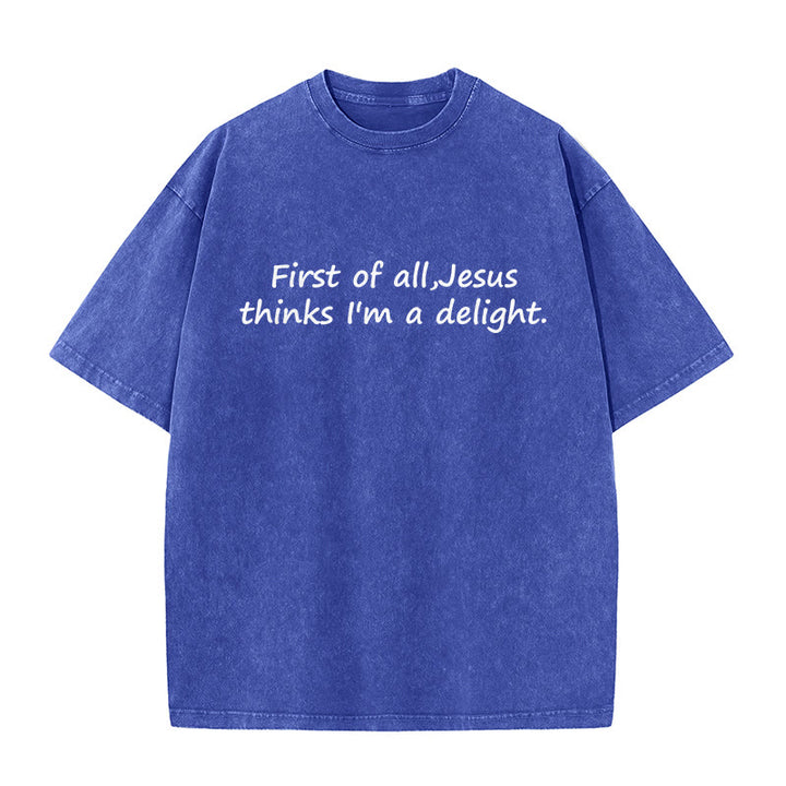 Christianartworkshop "First of All, Jesus Thinks I'm a Delight" Faith Quote Washed Unisex T-Shirt - Blue - 5XL - image 7