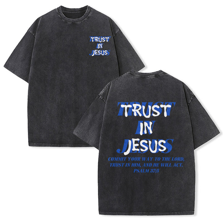 Christianartworkshop Trust In Jesus Psalm 37 5 Front And Back Print Washed Unisex T-Shirt - Black - 5XL - image 3