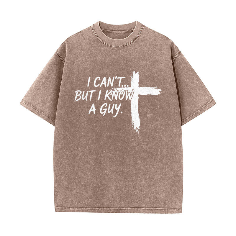 Christianartworkshop I Cant But I Know A Guy Funny Faith Quote With Brushstroke Cross Washed T-Shirt - Brown - 5XL - image 4