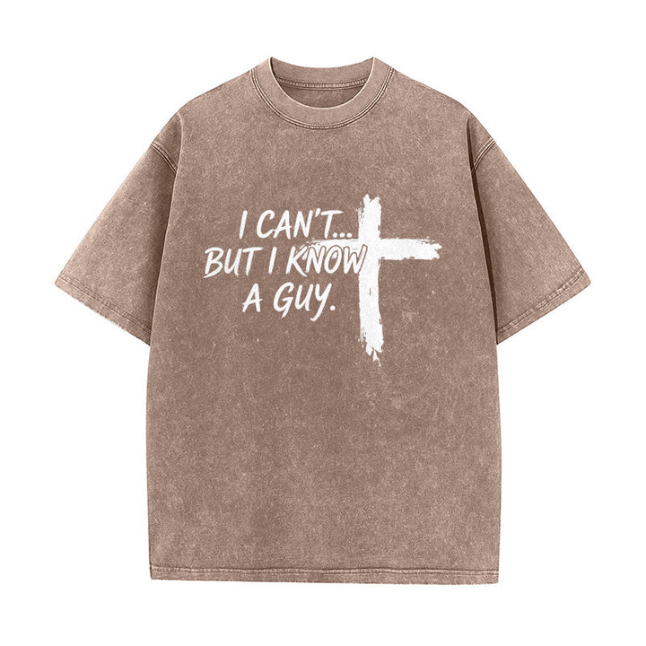 Christianartworkshop I Cant But I Know A Guy Funny Faith Quote With Brushstroke Cross Washed T-Shirt - Brown - 5XL - image 4