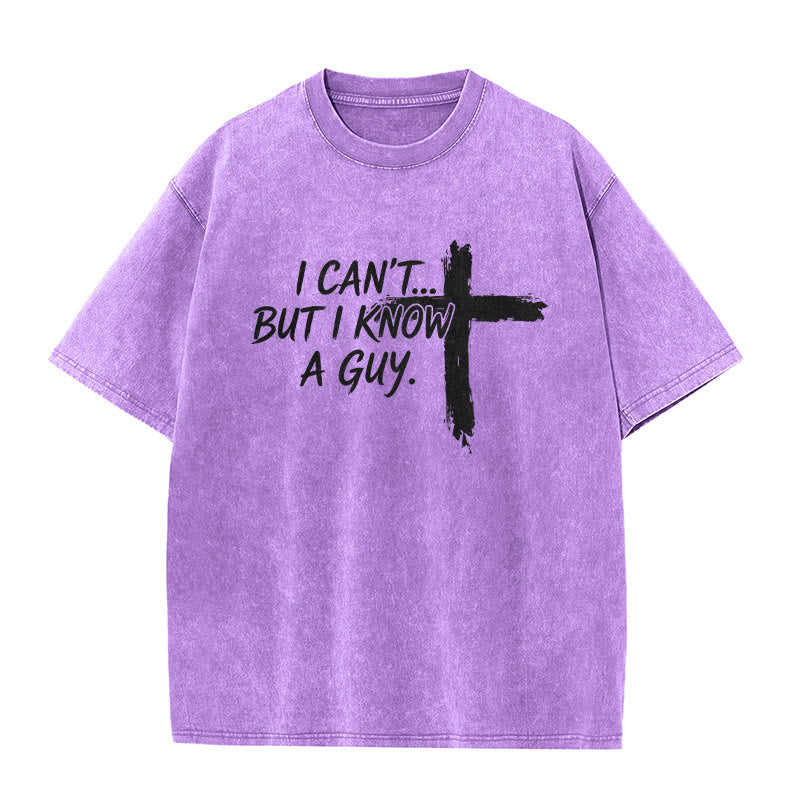 Christianartworkshop I Cant But I Know A Guy Funny Faith Quote With Brushstroke Cross Washed T-Shirt - Purple - 5XL - image 6