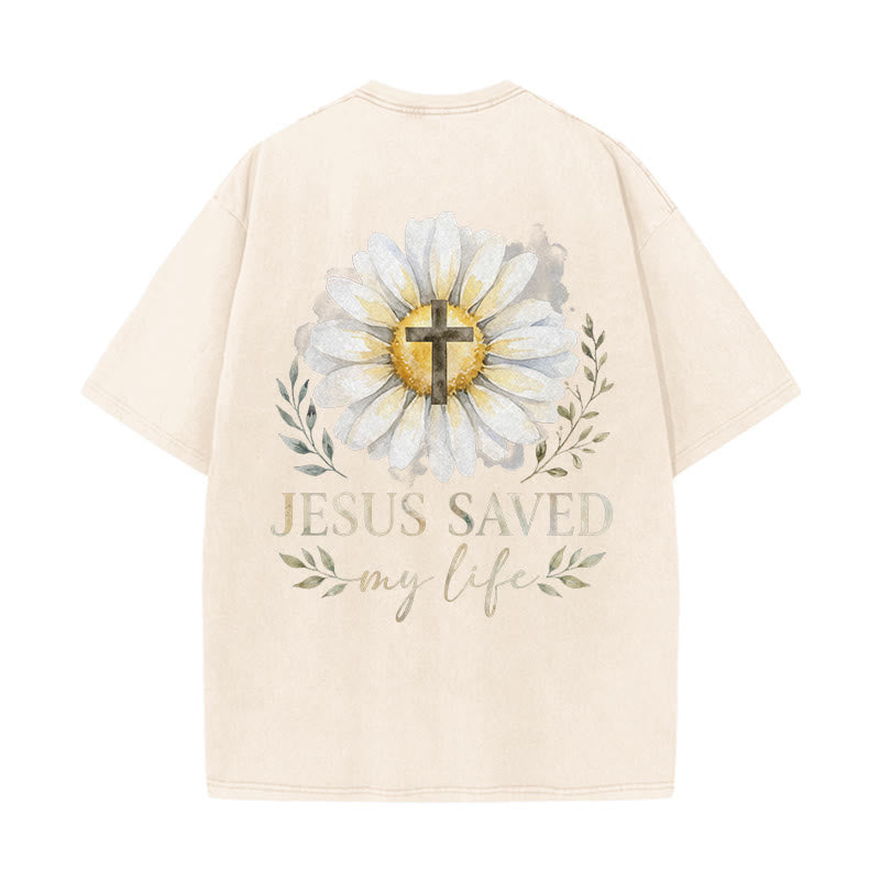Christianartworkshop Jesus Saved My Life Watercolor Daisy Cross Front And Back Print Washed T-Shirt - image 7