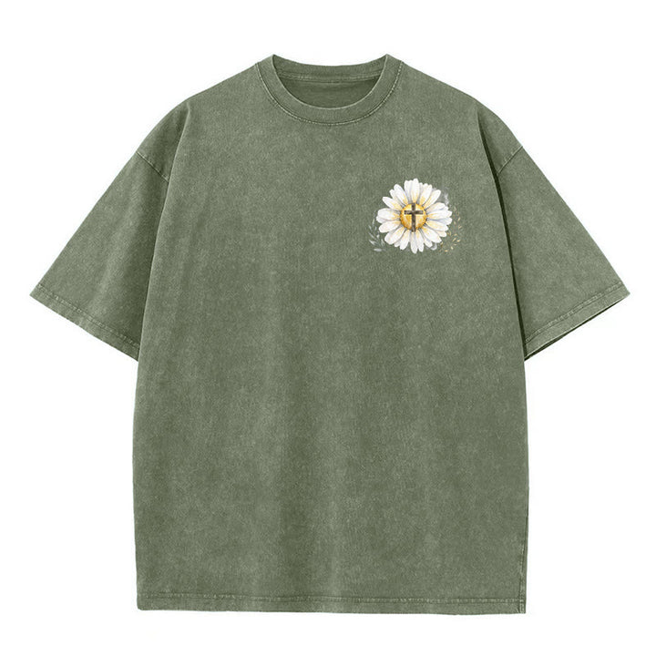 Christianartworkshop Jesus Saved My Life Watercolor Daisy Cross Front And Back Print Washed T-Shirt - image 11