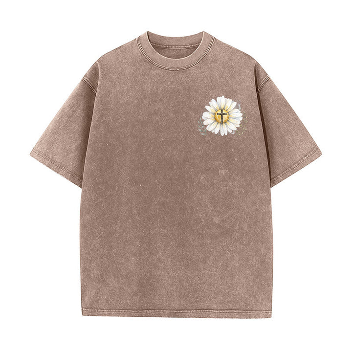 Christianartworkshop Jesus Saved My Life Watercolor Daisy Cross Front And Back Print Washed T-Shirt - image 5