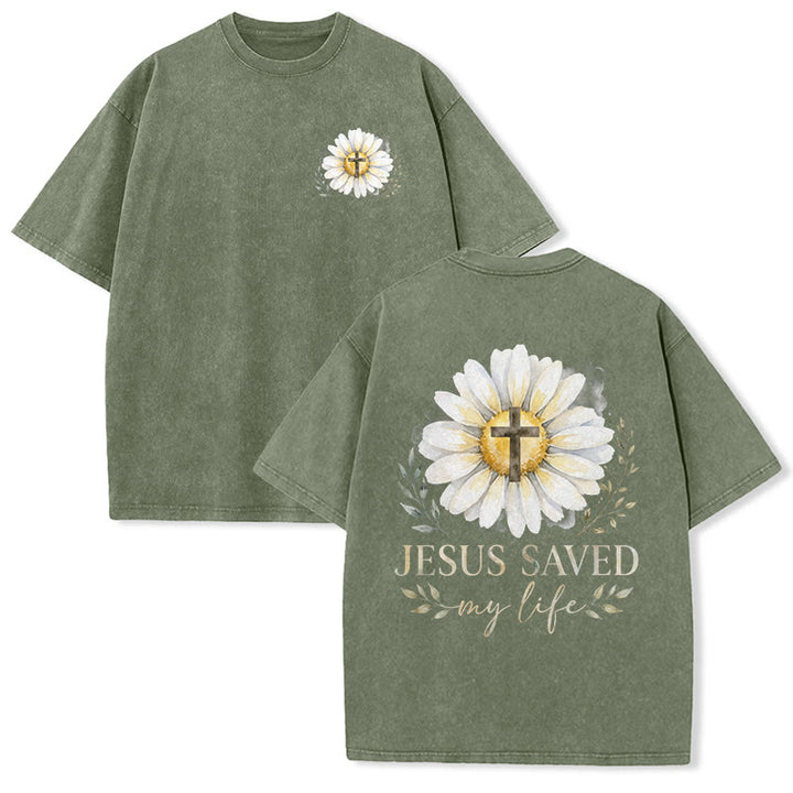 Christianartworkshop Jesus Saved My Life Watercolor Daisy Cross Front And Back Print Washed T-Shirt - Army Green - 5XL - image 9