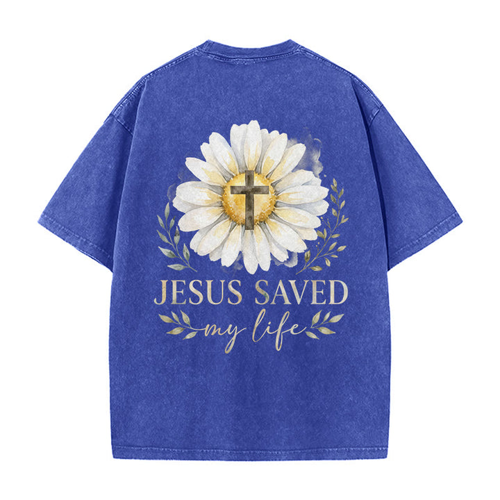 Christianartworkshop Jesus Saved My Life Watercolor Daisy Cross Front And Back Print Washed T-Shirt - image 22