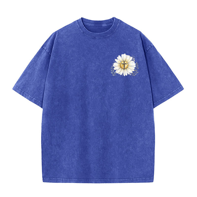 Christianartworkshop Jesus Saved My Life Watercolor Daisy Cross Front And Back Print Washed T-Shirt - image 23