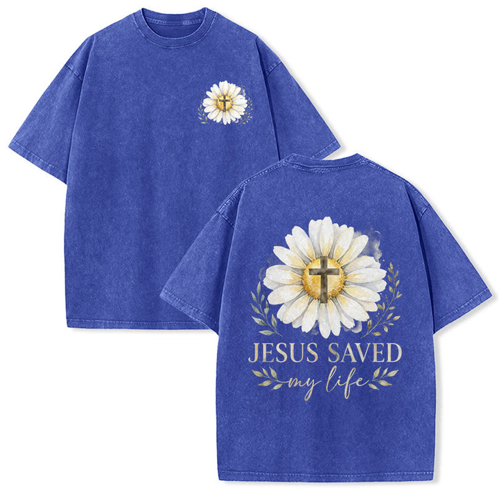 Christianartworkshop Jesus Saved My Life Watercolor Daisy Cross Front And Back Print Washed T-Shirt - Blue - 5XL - image 21