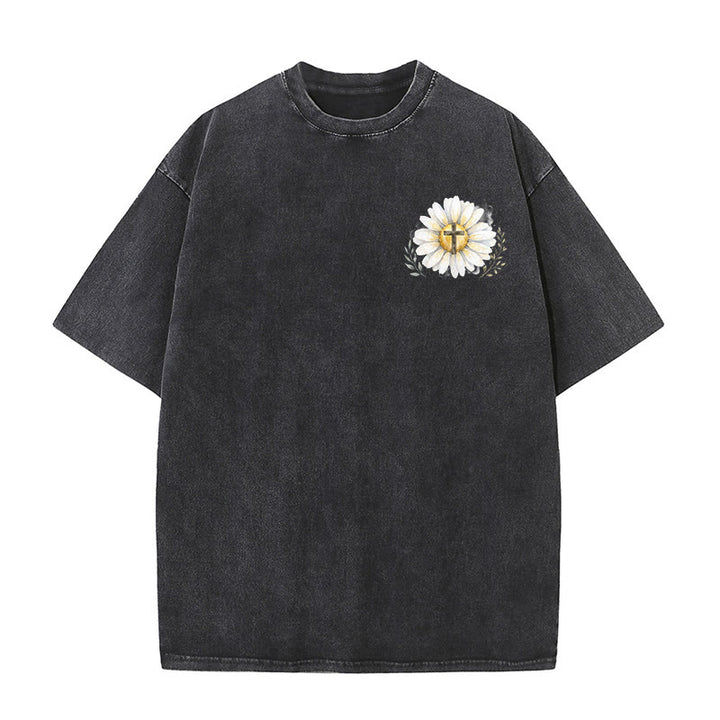 Christianartworkshop Jesus Saved My Life Watercolor Daisy Cross Front And Back Print Washed T-Shirt - image 2