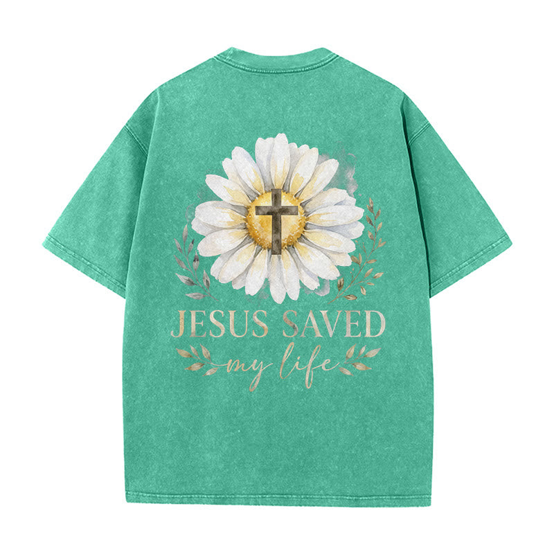 Christianartworkshop Jesus Saved My Life Watercolor Daisy Cross Front And Back Print Washed T-Shirt - image 13